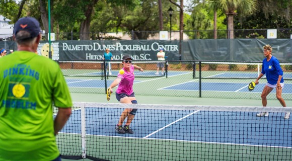 Sarah Ansboury mid game at Palmetto Dunes Pickleball Center