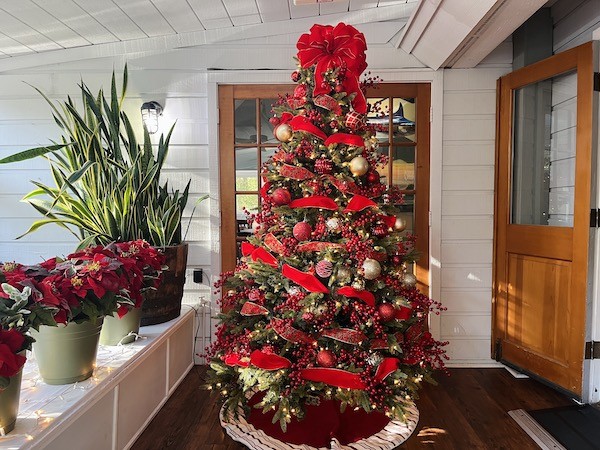 bright red decorated Christmas tree with red poinsettias in Alexander's interior