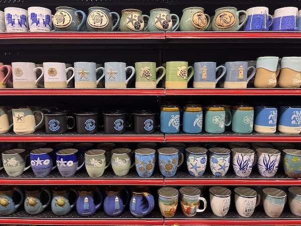 large display of handmade Hilton Head Island mugs at the General Store
