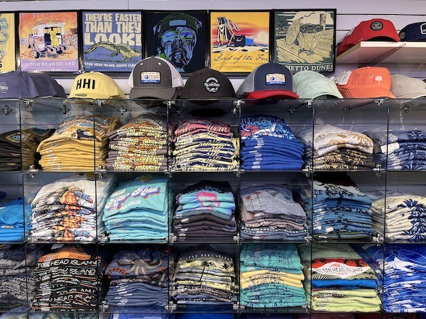 Display of Hilton Head Island t-shirts and hats at the General Store