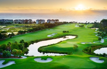 aerial view of the Robert Trent Jones Golf course 10th and 11th hole at sunrise