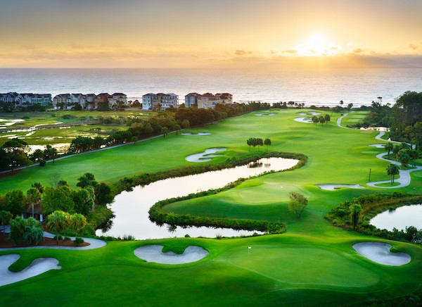 aerial view of the Robert Trent Jones Golf course 10th and 11th hole at sunrise