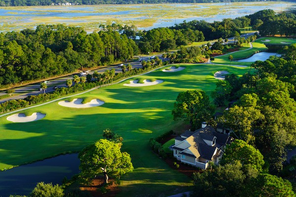 aerial view of Hole 7 of Robert Trent Jones course