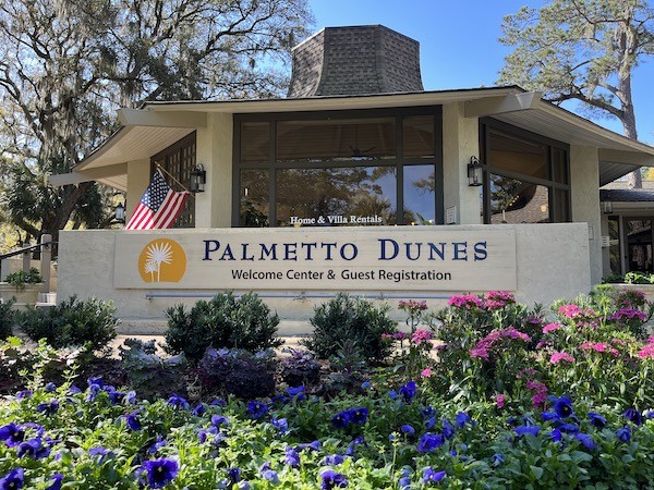 Palmetto Dunes Oceanfront Resort Welcome Center and Guest Registration building welcome sign and flowers