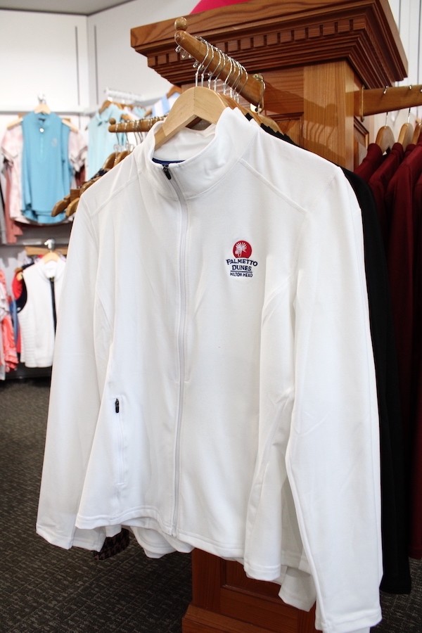 White zip up jacket with the Palmetto Dunes Hilton Head Island logo