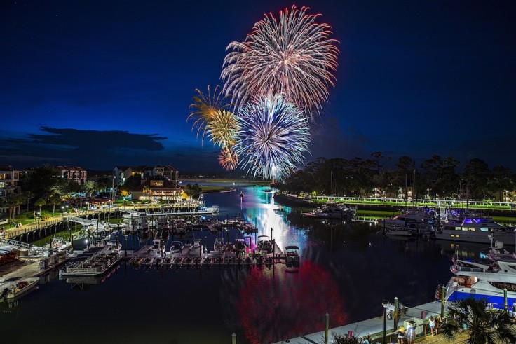 fireworks over the marina lit up at night