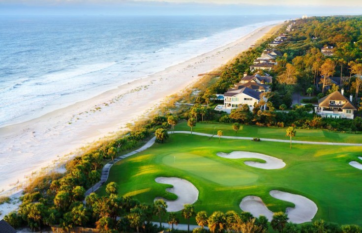 aerial view of oceanfront hole on golf course