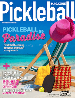 cover of pickleball magazine september issue, featuring a beach chair with pink hat
