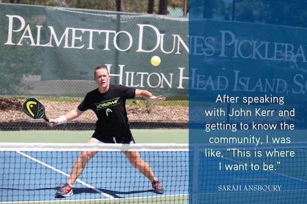 Sarah Ansboury action shot hitting a pickleball with quote overlay