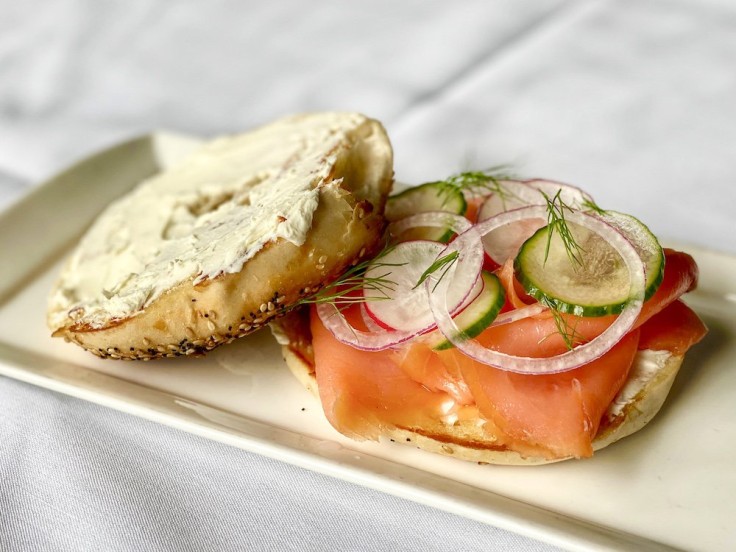 bagel topped with cream cheese and salmon at Big Jim's