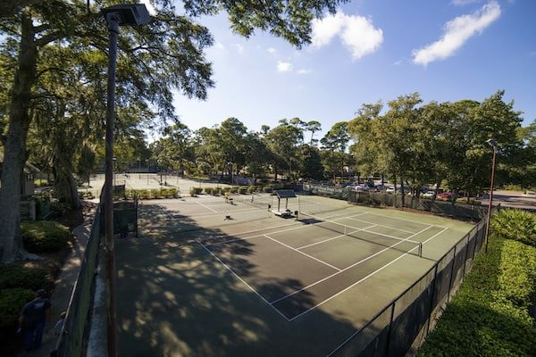 Aerial view of open tennis courts at tennis center