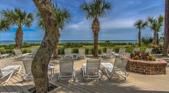 sitting deck with palm trees overlooking the dunes and ocean
