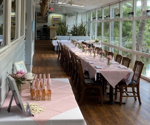 long table with pink tablecloth and flowers in Alexander's sunroom