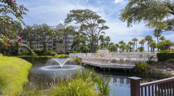 side of the pool surrounded by trees and a small lake with a fountain