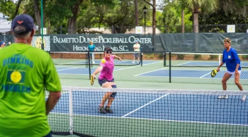 Sarah Ansboury mid game at Palmetto Dunes Pickleball Center