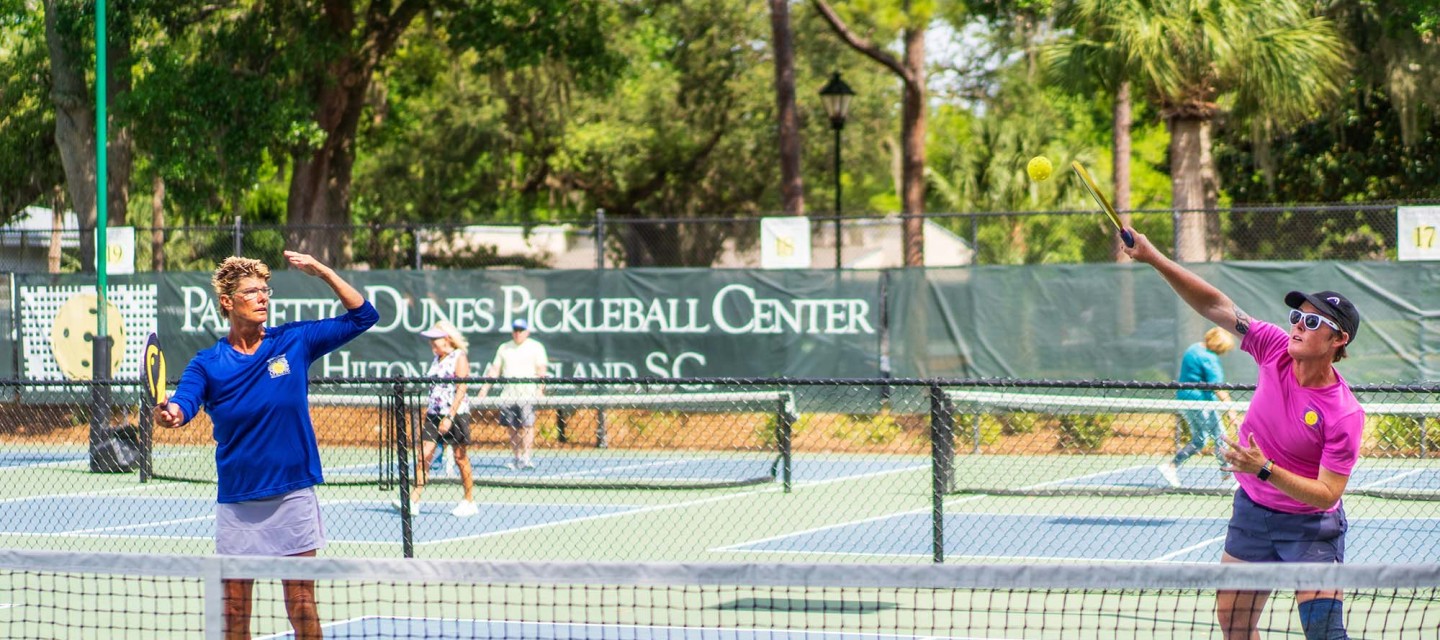 Jamie Shrier Whiting and Sarah Ansboury playing pickleball on same team at PD Pickleball Center